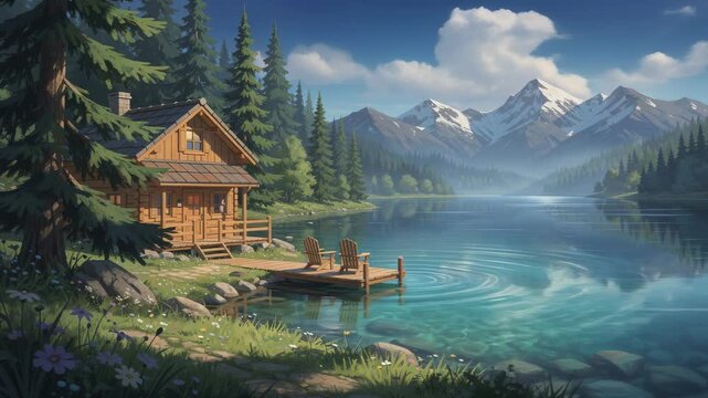 Tranquil wooden cabin by clear mountain lake with rippling water surrounded by blooming nature