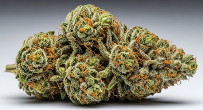 Close-up view of a dense cannabis bud covered in trichomes and resinous crystals