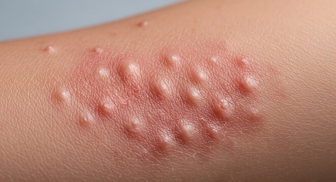 Close-up of a skin rash with multiple red, raised bumps and welts, possibly an allergic reaction or insect bites.