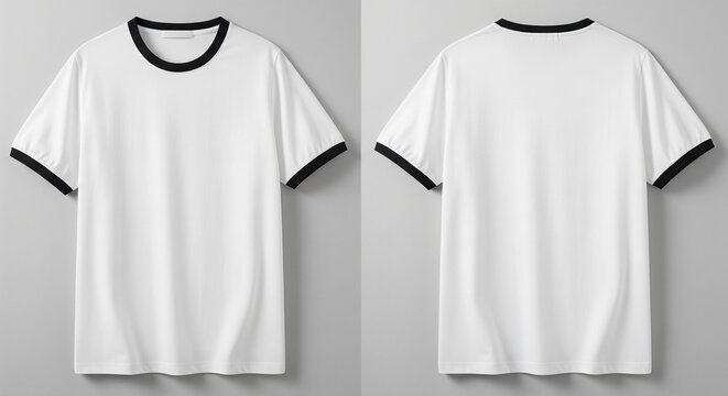 Front and back views of a white short sleeve t-shirt with black trim casual apparel for retail design garment mockup on a studio background