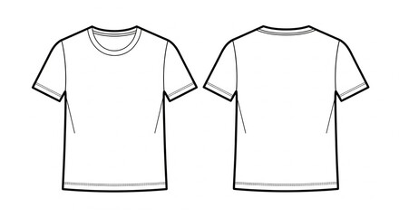 Naklejka premium Front and back views of a classic white crew neck t-shirt technical drawing fashion flat sketch template for apparel design mockup