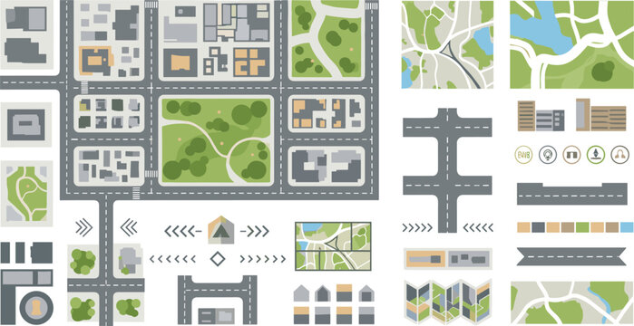 City map elements vector set with roads, blocks, parks and navigation symbols, urban planning layout, top view map design illustration collection