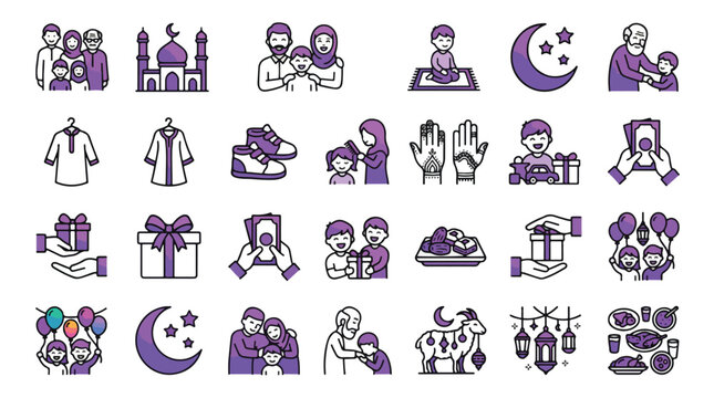 Eid Celebration Icon Set in Linear Style. A collection of religious holiday linear icons, including family, mosque, prayer, moon, gift, money, food, henna, lantern, goat, and more. Editable stroke.