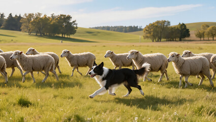 Fototapeta premium Border Collie Herding Sheep in Countryside, Natural Scenery and Traditional Farm Lifestyle