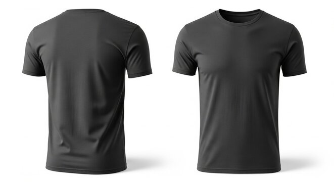 Front and back views of a plain charcoal gray t-shirt against a white backdrop; simple minimalist style for easy customization and design mockups