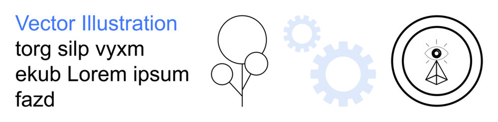 Innovation, design process, abstract concepts, creativity symbols, futuristic vision, teamwork. Minimal balloon shapes, gears and symbolic pyramid eye. Design process and innovation © robu_s