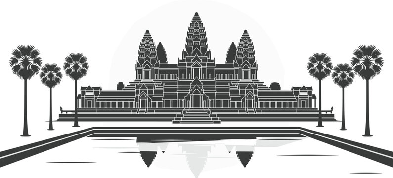 Angkor Wat Temple Silhouette at Sunrise With Reflection in Water and Palm Trees Cambodia Landmark Vector Illustration