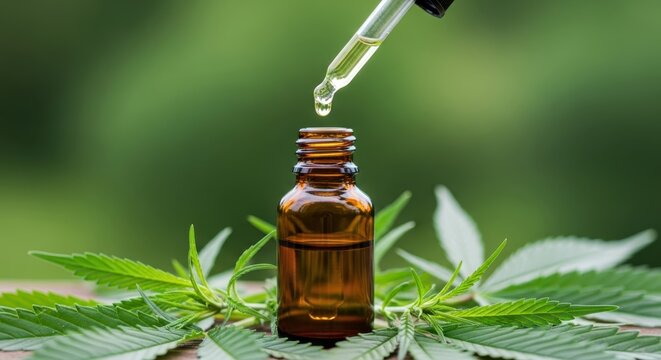 Dropping herbal oil from a small brown bottle surrounded by cannabis leaves