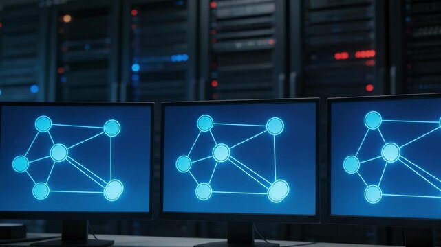 Focused shot of multiple monitors showing blockchain transaction nodes with blurred outoffocus server cabinets in the background for central bank testing.