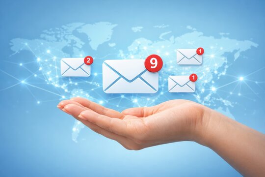 Digital Connection: An open palm cradles an array of digital envelopes, symbolizing the global reach of communication and data transfer.