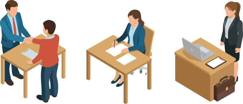 Business meeting and office workflow illustration showing handshake agreement, document signing, and professional workplace setup with employee tasks and management