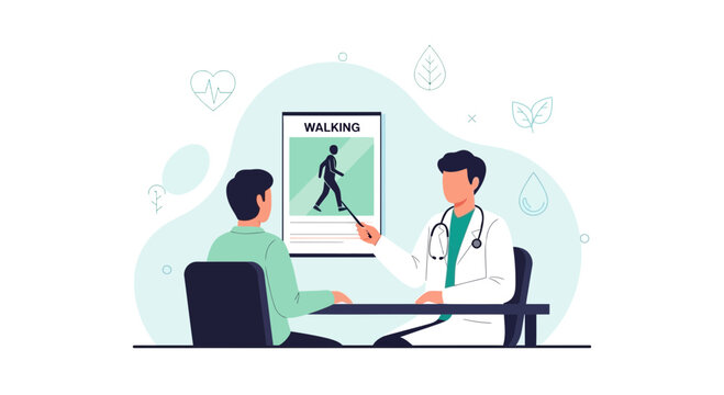 Doctor advises patient on walking for health, showing exercise benefits poster