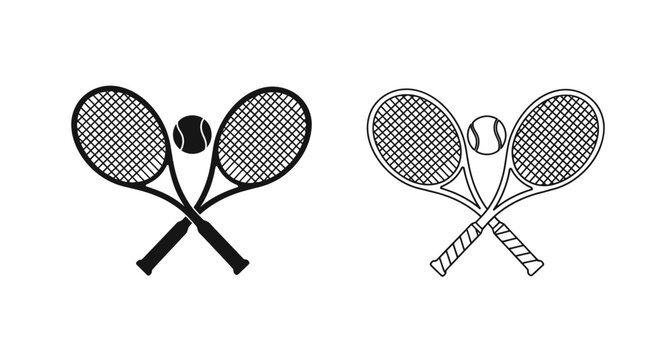 Two sets of crossed tennis rackets and balls in black and white