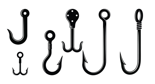 Collection of various black hook designs arranged on a white background