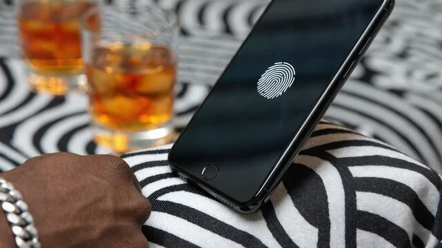 Closeup on smartphone with fingerprint reader active for signing loan documents digitally highlighting security with background elements softly out of focus.