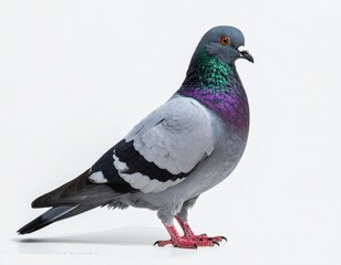 Fototapeta premium Striking Close-up of a Domestic Pigeon, Showcasing its Iridescent Plumage and Elegant Side Profile Against a Clean White Background