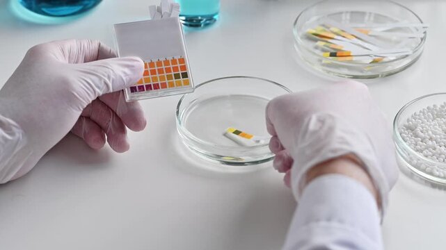 A chemist scientist tests the acidity of a liquid in a petri dish using litmus paper in a laboratory.
