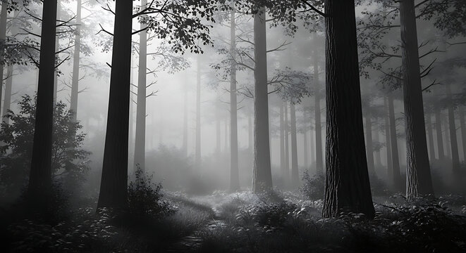 serene misty forest landscape in black and white
