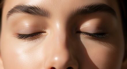 Naklejka premium Close-up of Womans Face with Eyes Closed in Sunlight