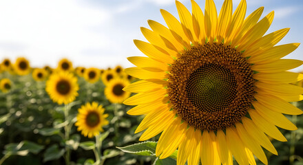 Fototapeta premium Large bright yellow sunflower in a field of sunflowers green