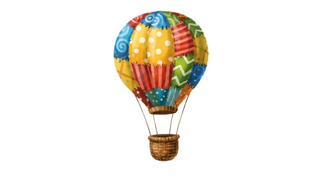 Colorful patchwork hot air balloon floating in the sky, a whimsical and unique mode of aerial transportation for adventure and travel