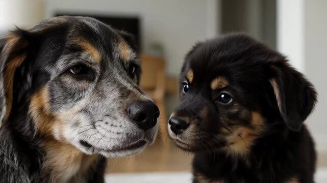 Humorous photorealistic old dog interacting with identical puppy in a cozy indoor setting, showcasing their close bond and playful curiosity in a lighthearted manner