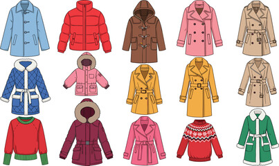 Winter Coat and Jacket Icon Set with Various Stylish Outerwear, Hooded Coats, Sweaters, and Fashionable Winter Wear Designs for Digital Media Projects © MstRoysha