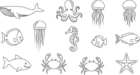 Sea Animals Line Icon Set with Whale, Octopus, Jellyfish, Seahorse, Fish, Crab, Shark, and Starfish Marine Vector Collection © MstShahida