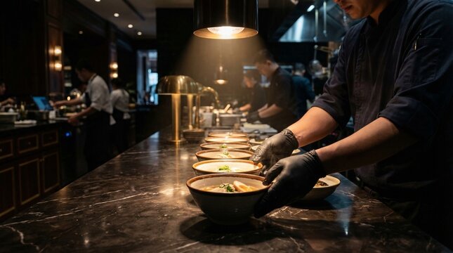 Chef wearing black gloves plating multiple bowls of garnished food on a marble countertop in a dimly lit professional restaurant kitchen, with overhead light and kitchen staff in the background