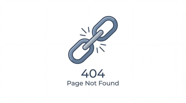 broken chain link illustration with 404 page not found text on white background. internet connection failure, missing website concept. ui element. copyspace, banner,  header.