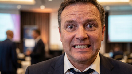 Naklejka premium closeup portrait of sweating caucasian businessman with stressed expression. strained smile, wide eyes, gritting teeth. corporate pressure, panic, anxiety concept. banner, website header.