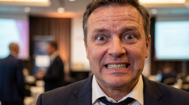 closeup portrait of sweating caucasian businessman with stressed expression. strained smile, wide eyes, gritting teeth. corporate pressure, panic, anxiety concept. banner, website header.