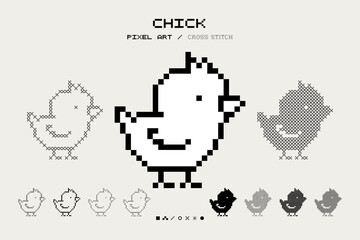Fototapeta premium Pixel Art Chick Illustration 8 Bit Cross stitch Cute Baby Chicken Cottagecore Retro Pixelated Animal vector sign symbol Abstract Simple Geometric Handcraft Element Monochrome Black and White 