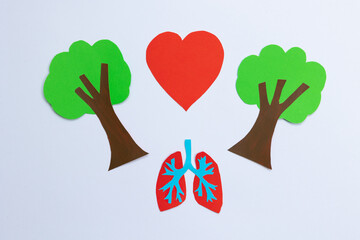 Paper composition with trees, heart, and lungs on a white background. Concept of how the natural...