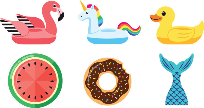 Summer pool float collection with flamingo unicorn duck watermelon slice donut and mermaid tail colorful vector illustration isolated set