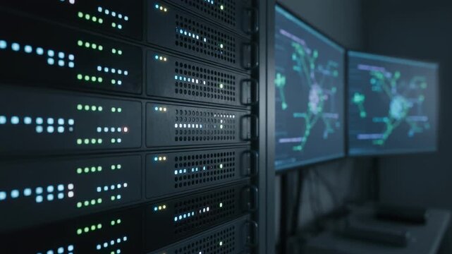 Closeup on a server rack panel with activity indicators lit softfocused digital network topology displayed on wall screens in a blockchain trial lab.