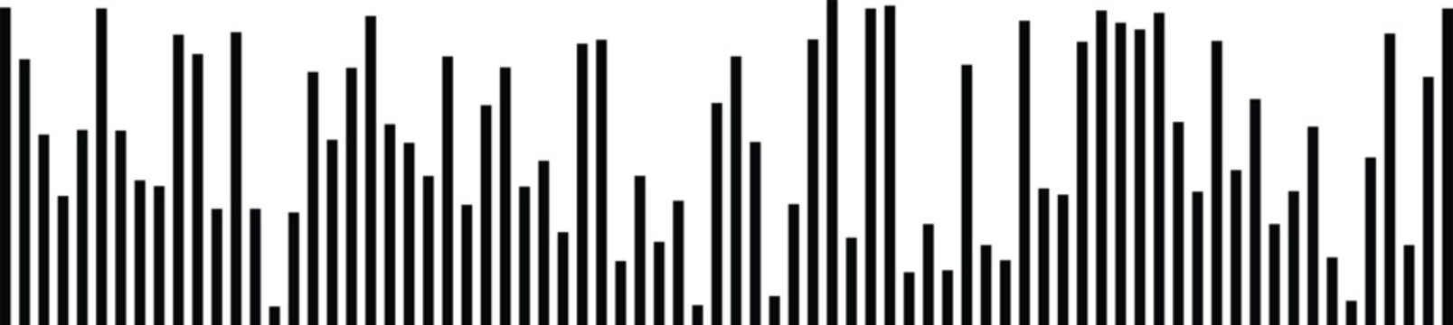 A minimalist graphic visualization featuring a series of uneven vertical black bars on white