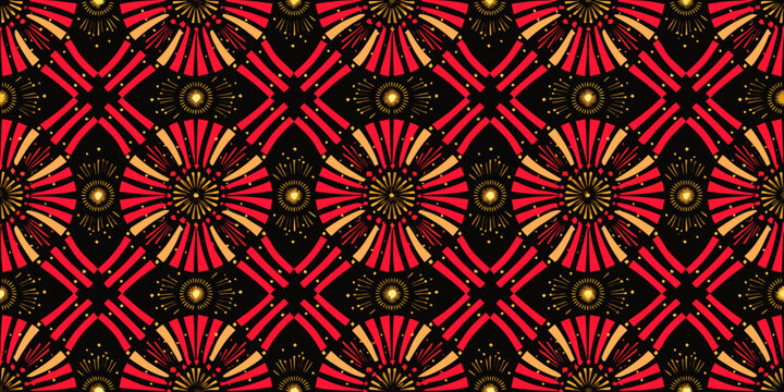 Vibrant red and yellow geometric pattern on black background seamless design