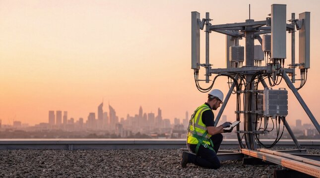 caucasian telecommunications engineer in safety gear using tablet by cell tower antenna on rooftop against sunset city skyline. 5g network infrastructure maintenance. banner, website header, copyspace
