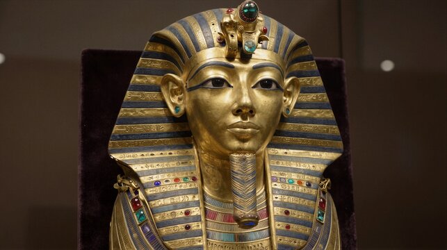 A golden statue of an ancient Egyptian pharaoh's head is set against a dark background, highlighting its intricate details and craftsmanship.