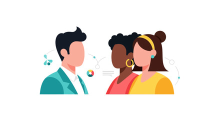 Naklejka premium Diverse Group Communication, Collaboration & Teamwork. Professionals Discussing Ideas, Connecting, and Sharing Information. Flat Vector Illustration.