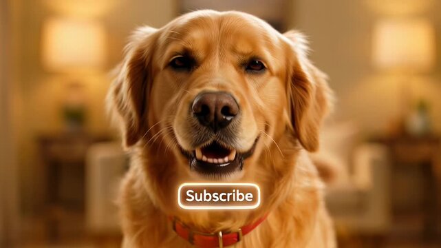 Golden retriever dog with a friendly expression in a cozy living room, glowing subscribe button appearing in the second frame, followed by a smiling close-up in the third frame