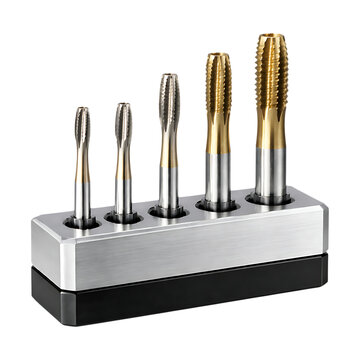 Five metal taps displayed on stand on transparent background