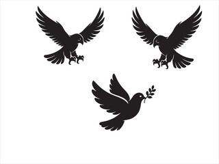 Fototapeta premium Three black silhouettes of birds in flight with one carrying olive branch.