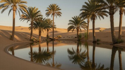 Obraz premium A tranquil desert oasis at sunrise, surrounded by swaying palm trees and a serene pool of water reflecting the vibrant hues of dawn in perfect symmetry.