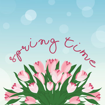 Tulips bouquet background and spring time lettering. Celebration and greeting card with tulips.Vector Illustration