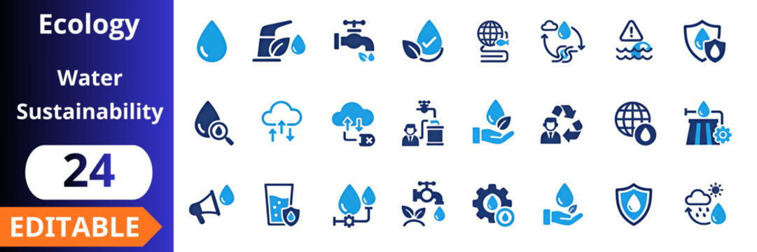 Ecology water sustainability flat icons set. water conservation, eco system, clean supply, recycling process, filtration system, global resources, environment protection
