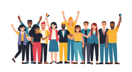 Obraz premium Happy Diverse Community Waving and Celebrating Together, Embodying Unity, Inclusion, and LGBTQ+ Pride