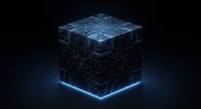 A high-tech digital cube featuring intricate mechanical greeble details and polished metallic surfaces, illuminated by a subtle glowing blue light base isolated against a deep dark black background.