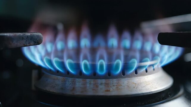 Blue flames of gas burner ignite and flicker on a metallic stove surface, showcasing the dynamic energy of combustion in a kitchen setting